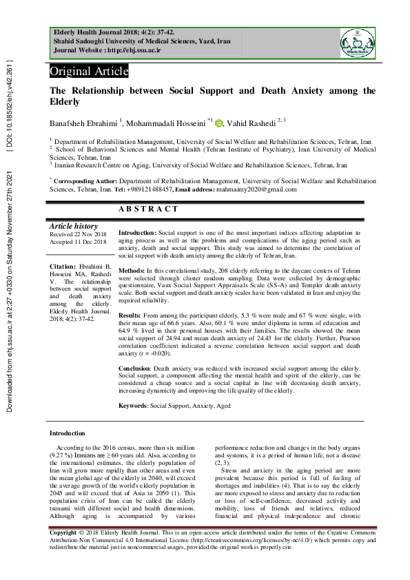 (PDF) The Relationship between Social Support and Death Anxiety among ...