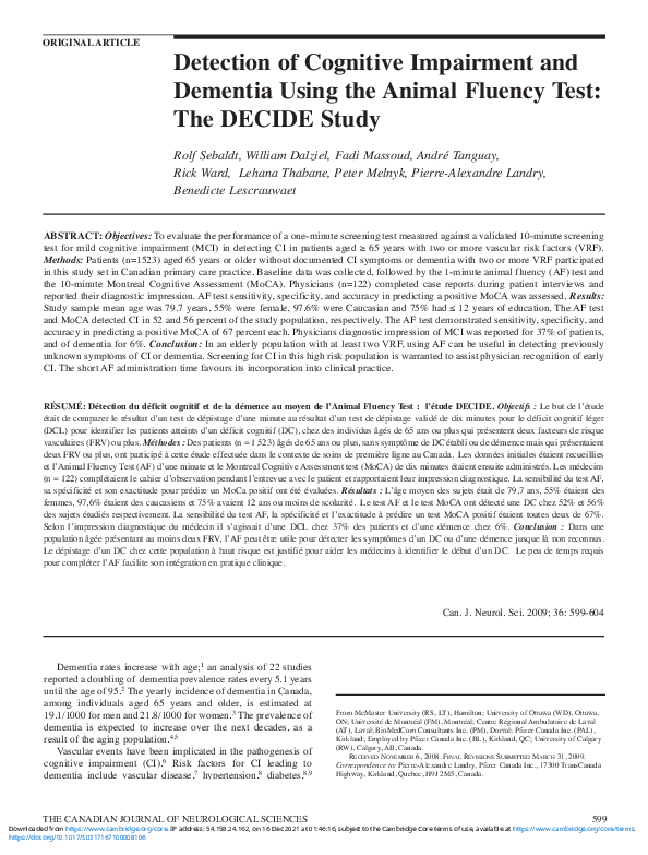 (PDF) Detection of Cognitive Impairment and Dementia Using the Animal ...