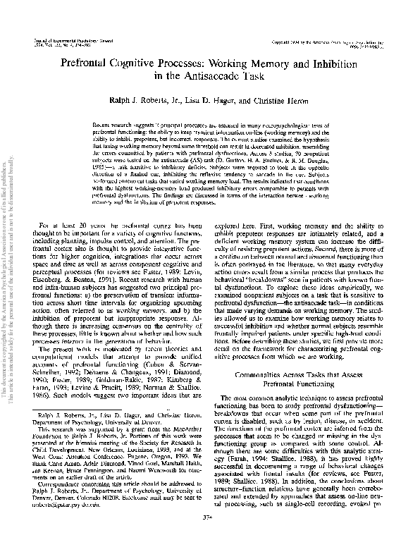 (PDF) Prefrontal cognitive processes: Working memory and inhibition in ...
