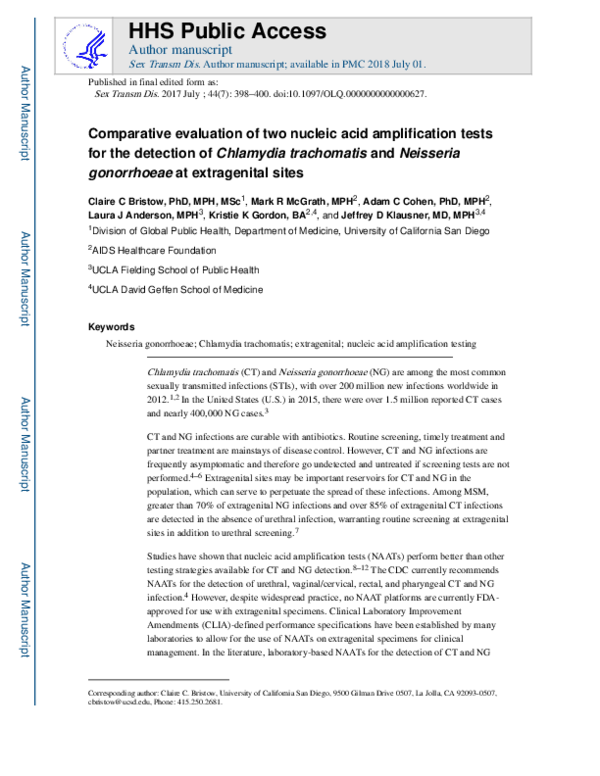 (PDF) Comparative Evaluation of 2 Nucleic Acid Amplification Tests for ...