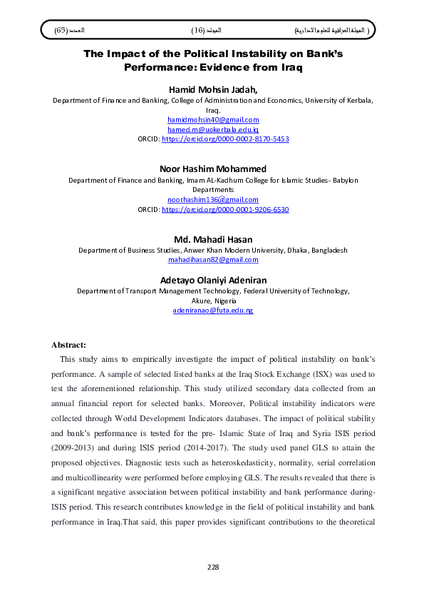 (PDF) The Impact of the Political Instability on Bank's Performance ...