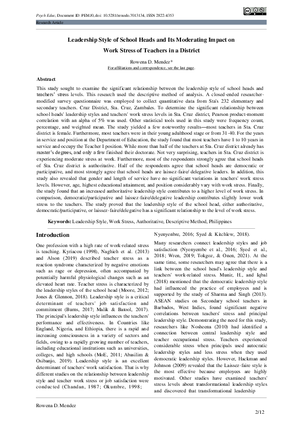 (PDF) Leadership Style of School Heads and Its Moderating Impact on ...
