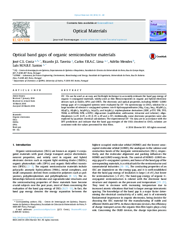 (PDF) Optical band gaps of organic semiconductor materials