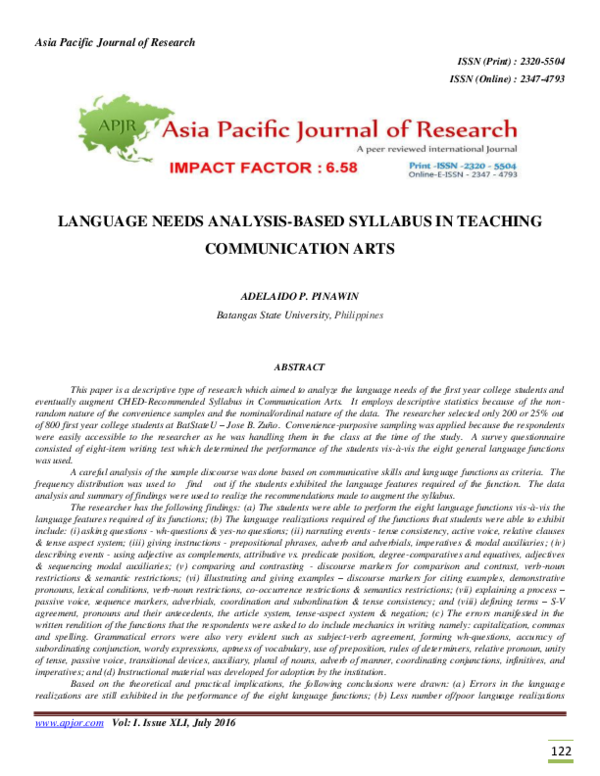 (PDF) Language Needs Analysis-Based Syllabus in Teaching Communication Arts
