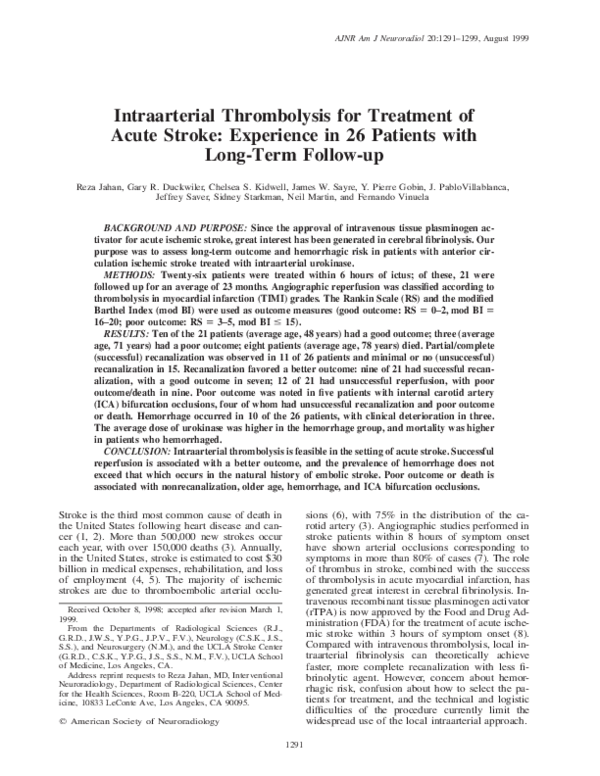 (PDF) Intraarterial thrombolysis for treatment of acute stroke ...