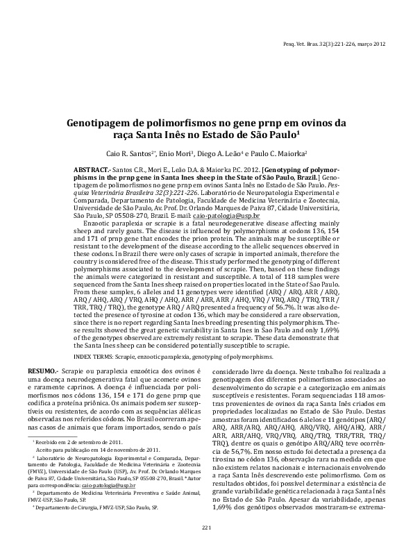 (PDF) Genotipagem de polimorfismos no gene prnp em ovinos da raça Santa ...