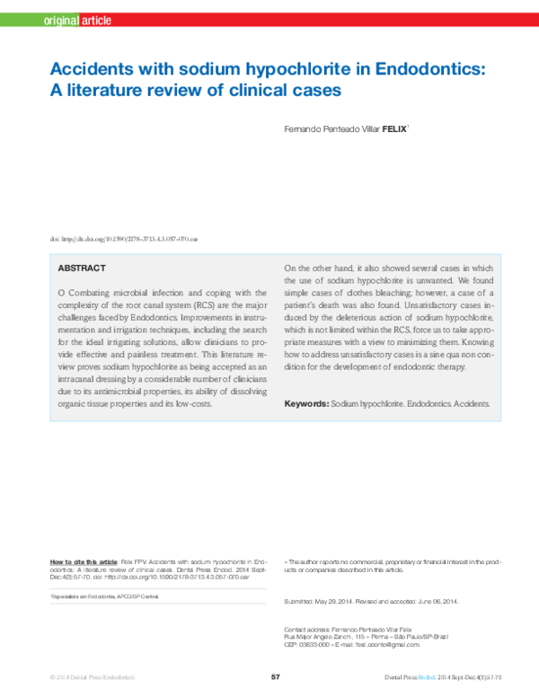 (PDF) Accidents with sodium hypochlorite in Endodontics A literature