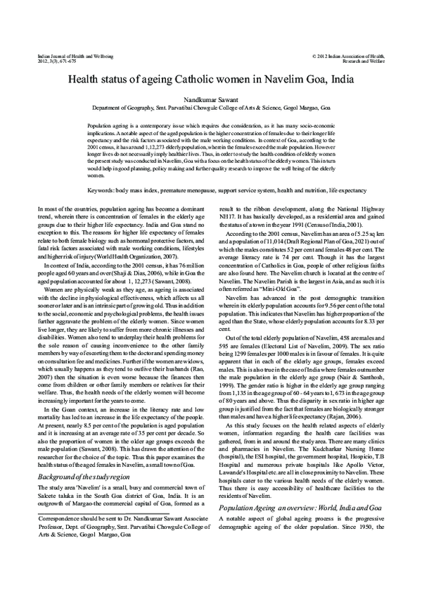 (PDF) Health Status of Ageing Catholic Women in Navelim Goa, India