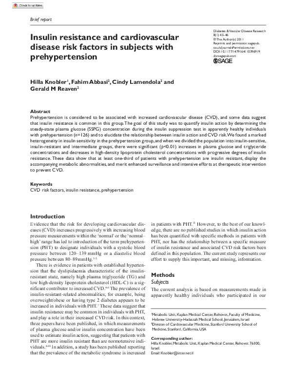 (PDF) Insulin resistance and cardiovascular disease risk factors in ...