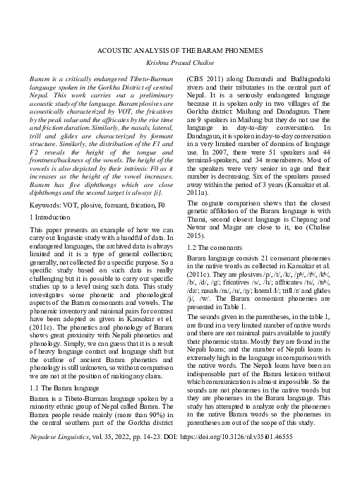 (PDF) ACOUSTIC ANALYSIS OF THE BARAM PHONEMES Krishna Chalise