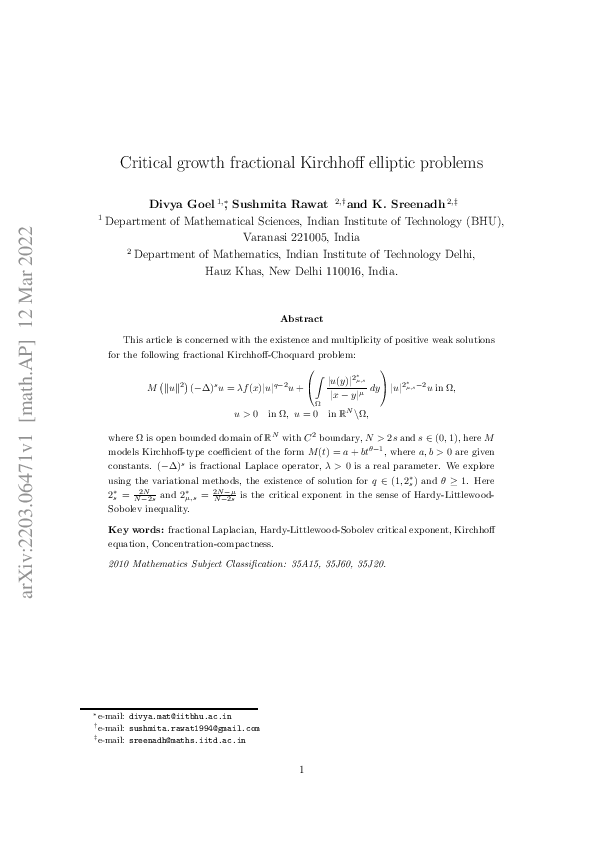 (PDF) Critical growth fractional Kirchhoff elliptic problems | Sushmita ...