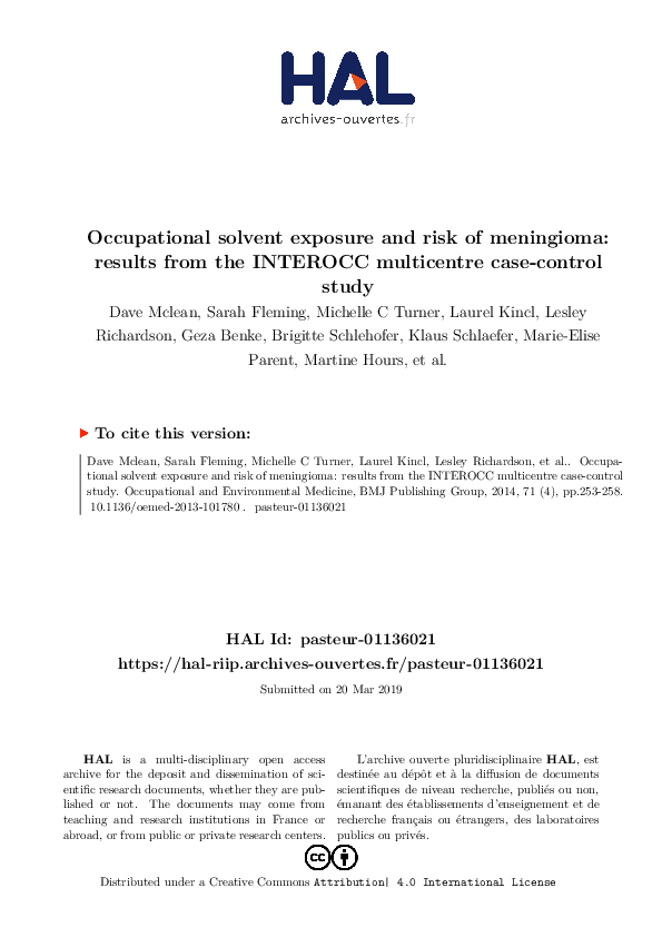 (PDF) Occupational solvent exposure and risk of meningioma: results ...