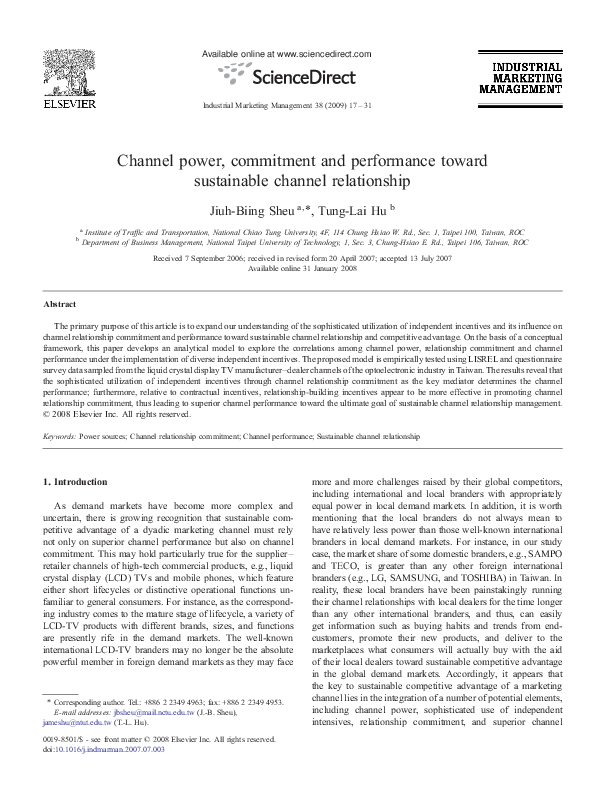 (PDF) Channel power, commitment and performance toward sustainable ...