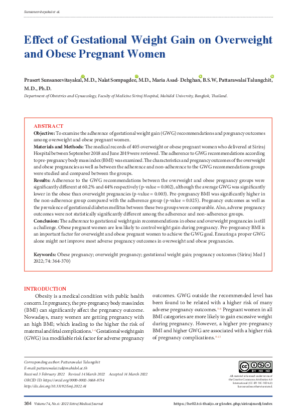 (PDF) Effect of Gestational Weight Gain on Overweight and Obese Pregnant Women Pattarawalai