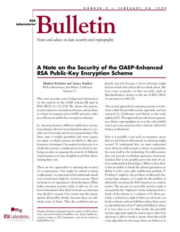 (PDF) A Note on the Security of the OAEP-Enhanced RSA Public-Key ...