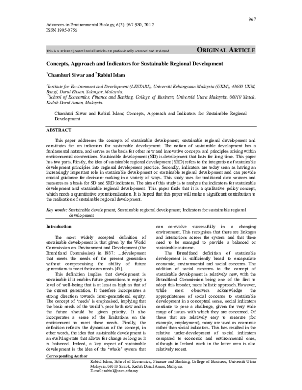 (PDF) Concepts, Approach and Indicators for Sustainable Regional ...