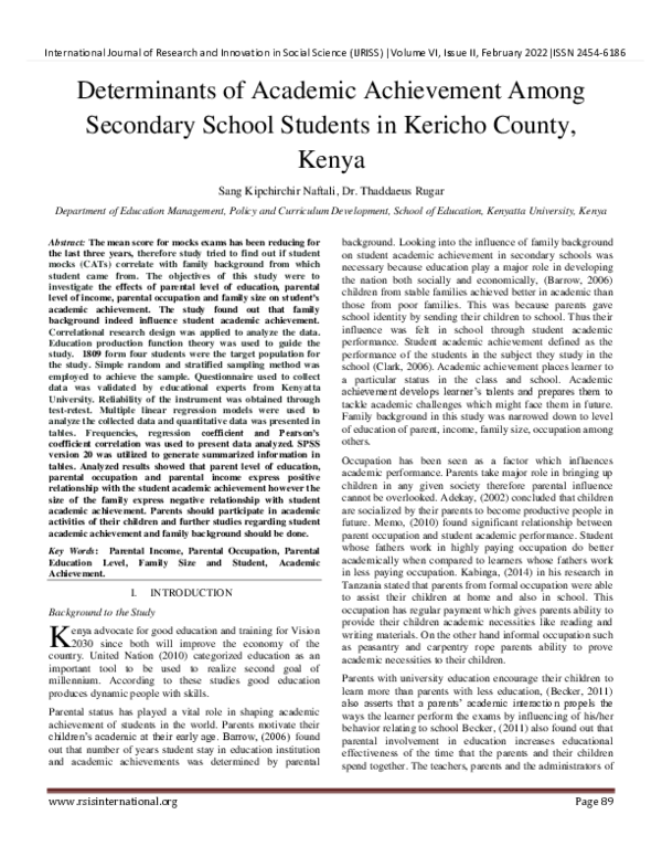 (PDF) Determinants of Academic Achievement Among Secondary School ...