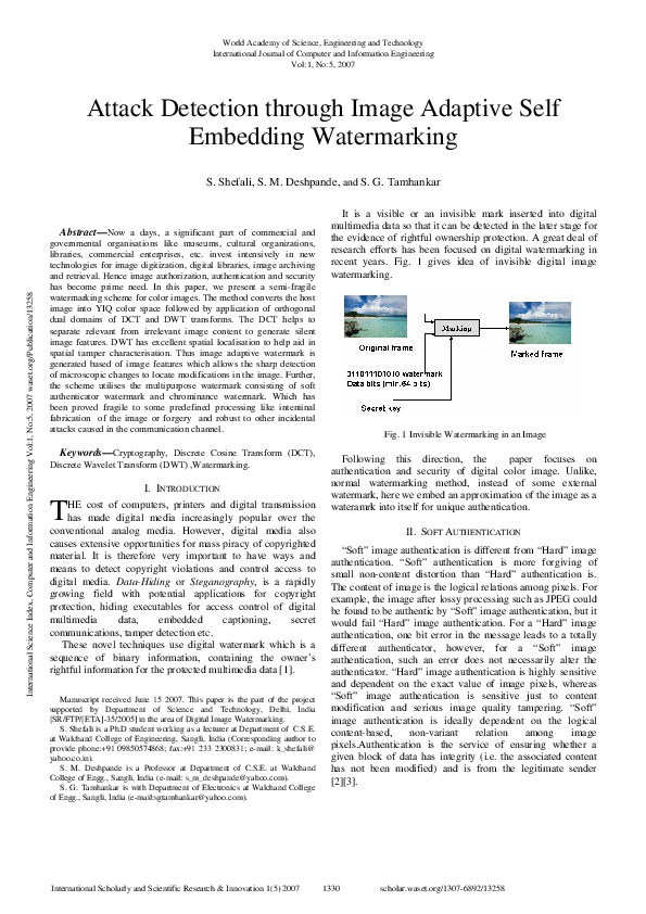 (PDF) Attack Detection Through Image Adaptive Self Embedding Watermarking
