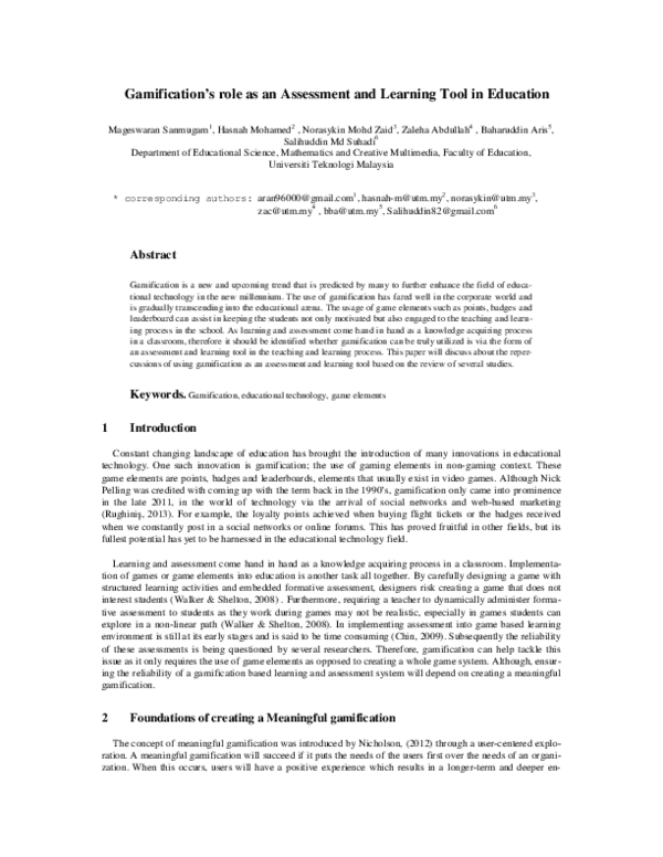(PDF) Gamification's role as an Assessment and Learning Tool in Education