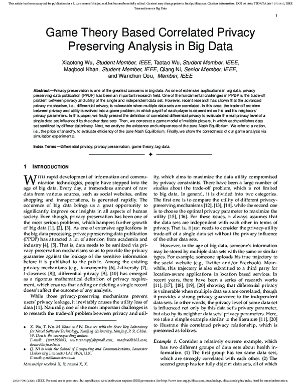 (PDF) Game Theory Based Correlated Privacy Preserving Analysis in Big Data