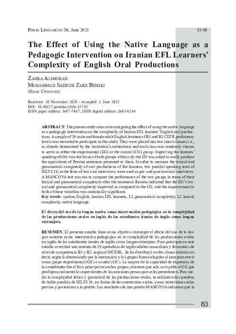 (PDF) The effect of using the native language as a pedagogic ...