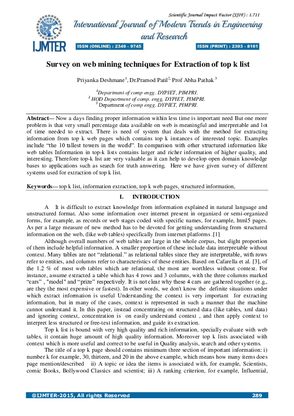 (PDF) Survey on web mining techniques for Extraction of top k list