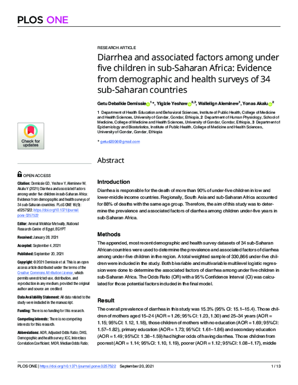 (PDF) Diarrhea and associated factors among under five children in sub ...