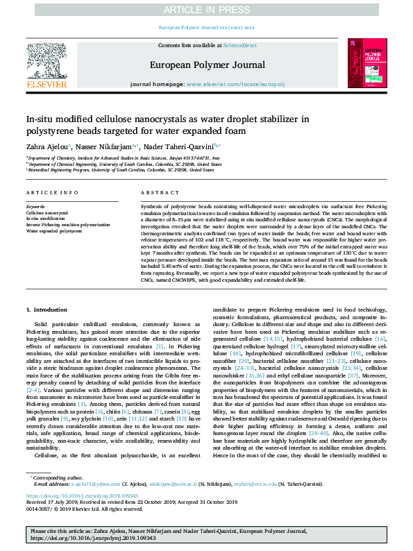 (PDF) In-situ modified Cellulose Nanocrystals as Water Droplet ...