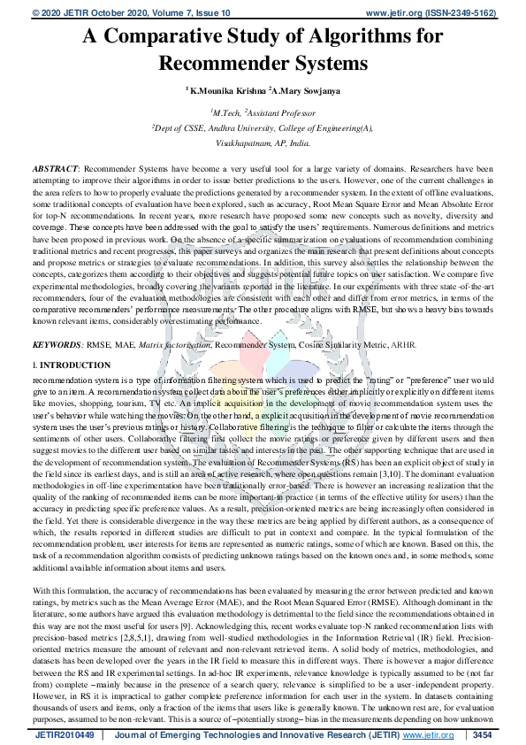 (PDF) A Comparative Study of Algorithms for Recommender Systems