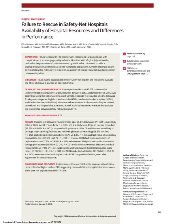 (PDF) Failure to Rescue in Safety-Net Hospitals