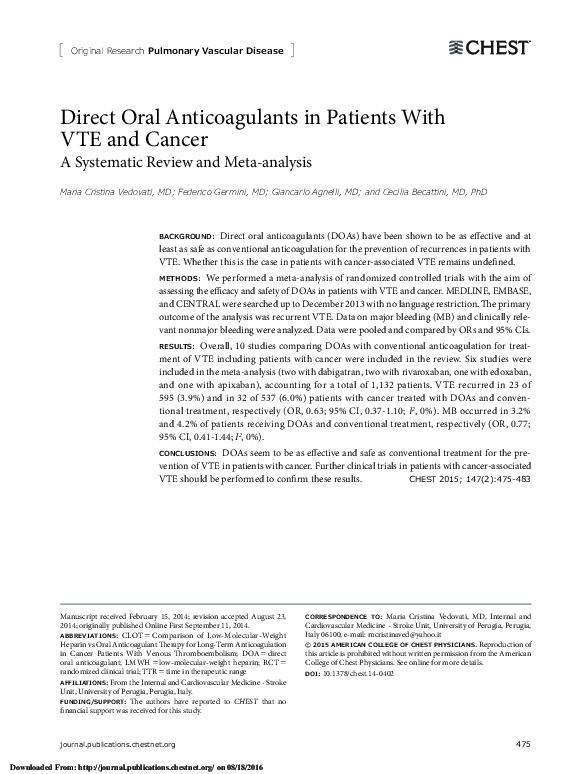 (PDF) Direct Oral Anticoagulants in Patients With VTE and Cancer