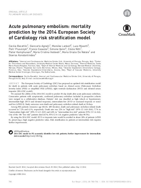 (PDF) Acute pulmonary embolism: mortality prediction by the 2014 ...