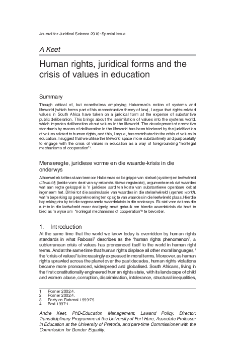 (PDF) Human rights, juridical forms and the crisis of values in education