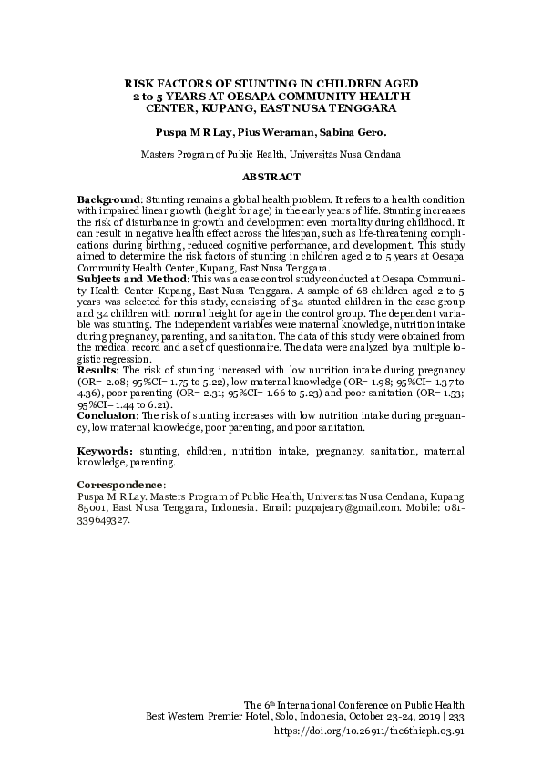 (PDF) Risk Factors of Stunting in Children Aged 2 to 5 Years at Oesapa ...
