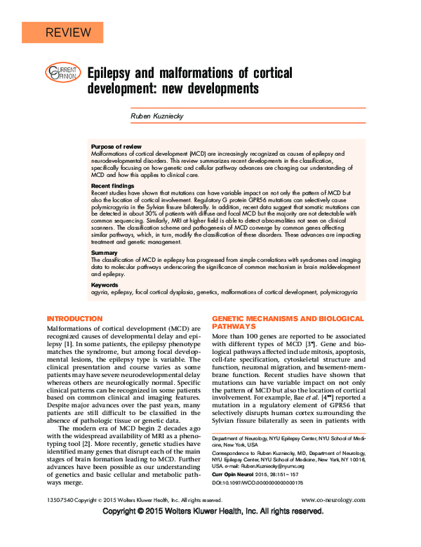 (PDF) Epilepsy and malformations of cortical development: new developments