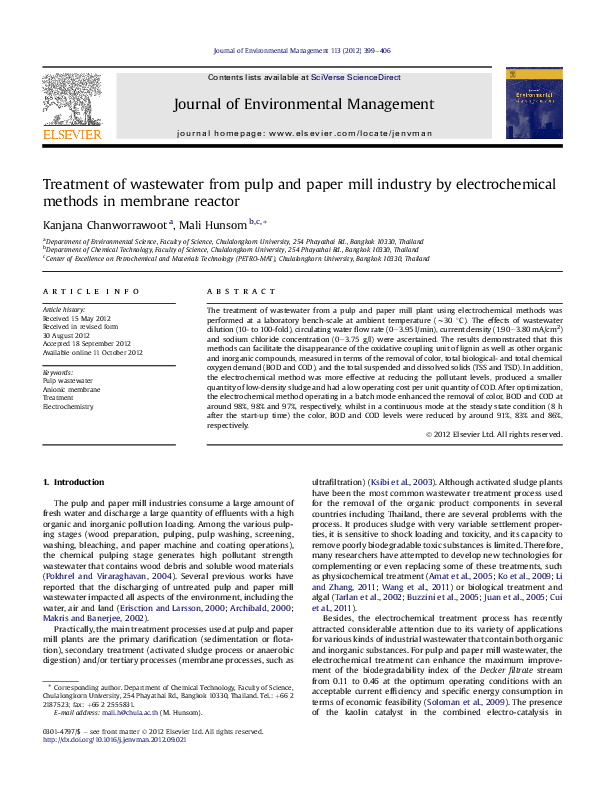 (PDF) Treatment of wastewater from pulp and paper mill industry by ...