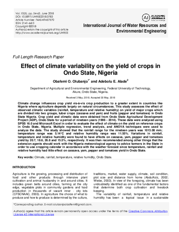 (PDF) Effect of climate variability on the yield of crops in Ondo State ...