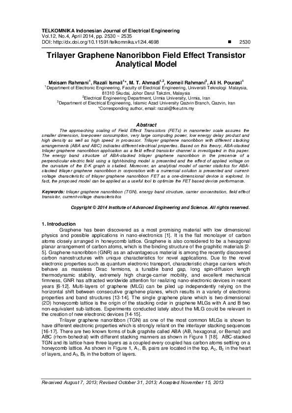 (PDF) Trilayer Graphene Nanoribbon Field Effect Transistor Analytical Model