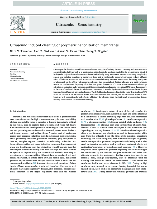 (PDF) Ultrasound induced cleaning of polymeric nanofiltration membranes