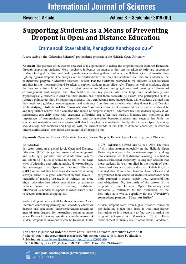 (PDF) Supporting Students as a Means of Preventing Dropout in Open and ...