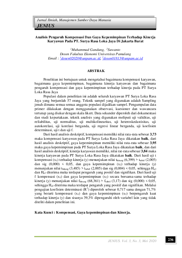 (PDF) Analisis Pengaruh Kompensasi Dan Gaya Kepemimpinan Terhadap ...
