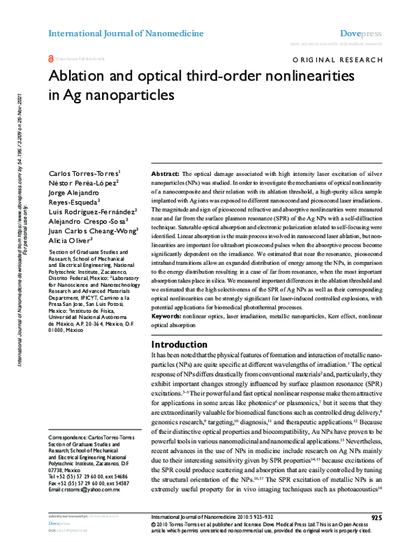 (PDF) Ablation and optical third-order nonlinearities in Ag nanoparticles