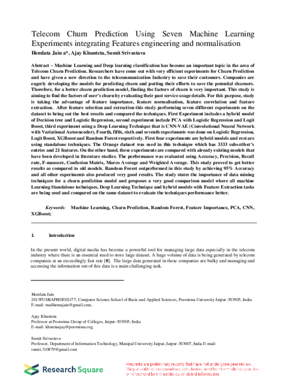 (PDF) Telecom Churn Prediction Using Seven Machine Learning Experiments ...