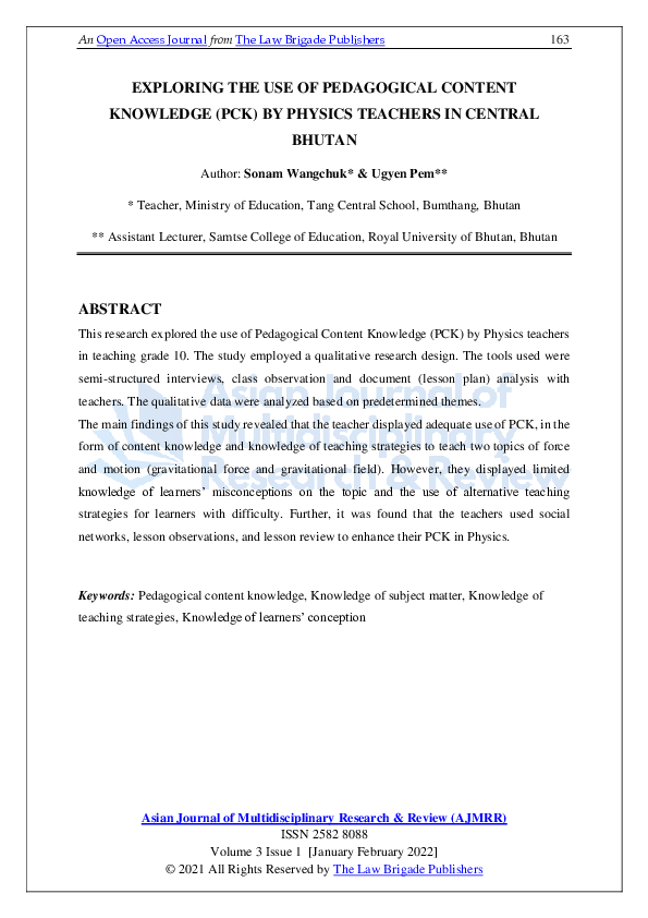 (PDF) Exploring the use of Pedagogical Content Knowledge (PCK) by ...