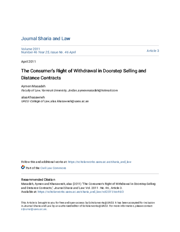 (PDF) The Consumer\u27s Right of Withdrawal in Doorstep Selling and ...