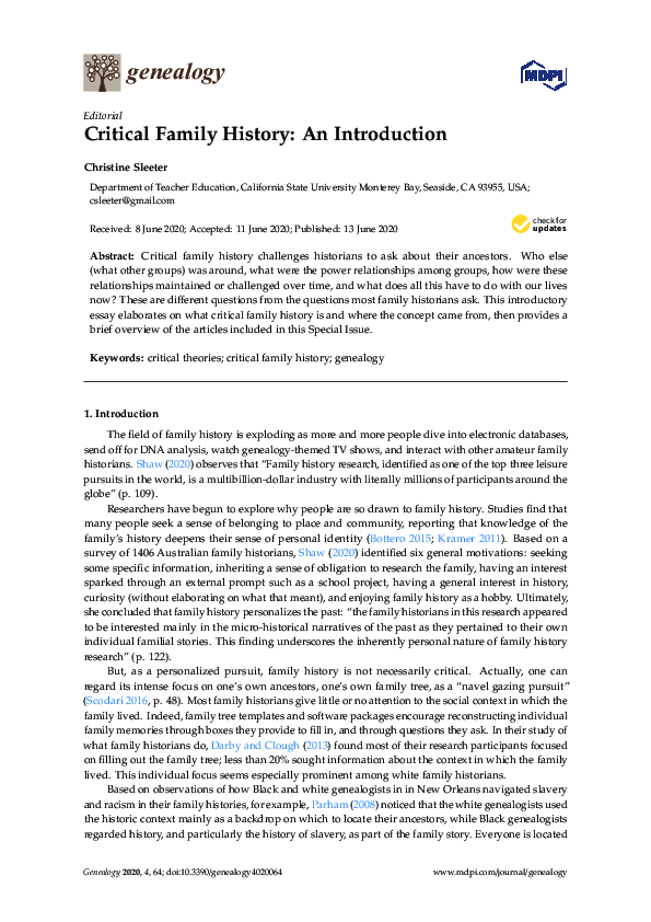 (PDF) Critical Family History: An Introduction