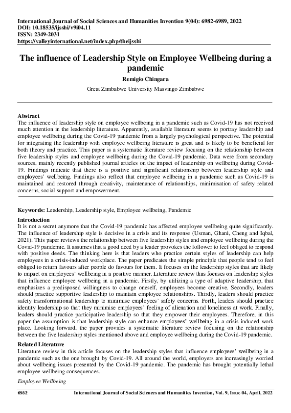 (PDF) The influence of Leadership Style on Employee Wellbeing during a ...