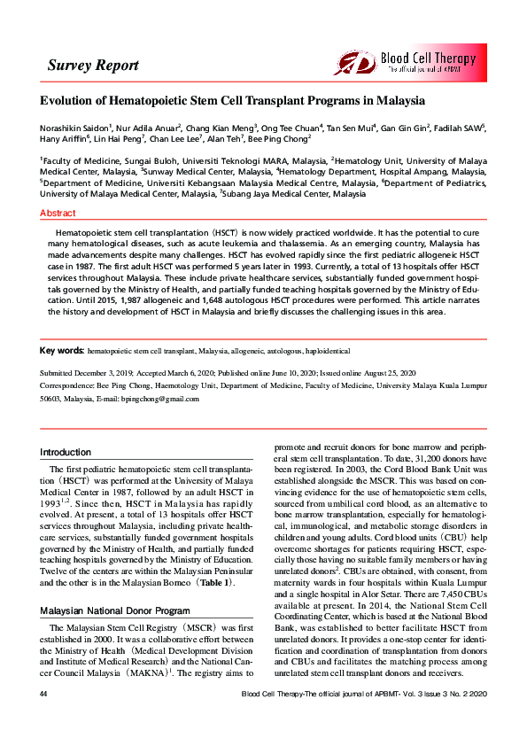 (PDF) Evolution of Hematopoietic Stem Cell Transplant Programs in Malaysia