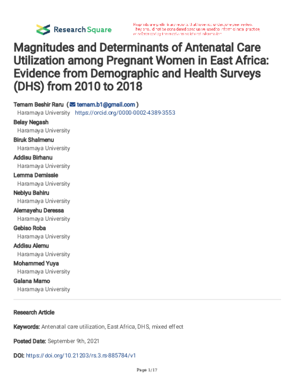 (PDF) Magnitudes and Determinants of Antenatal Care Utilization among ...