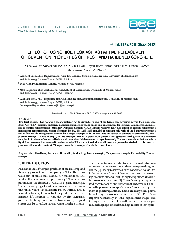 (PDF) Effect of Using Rice Husk Ash as Partial Replacement of Cement on ...